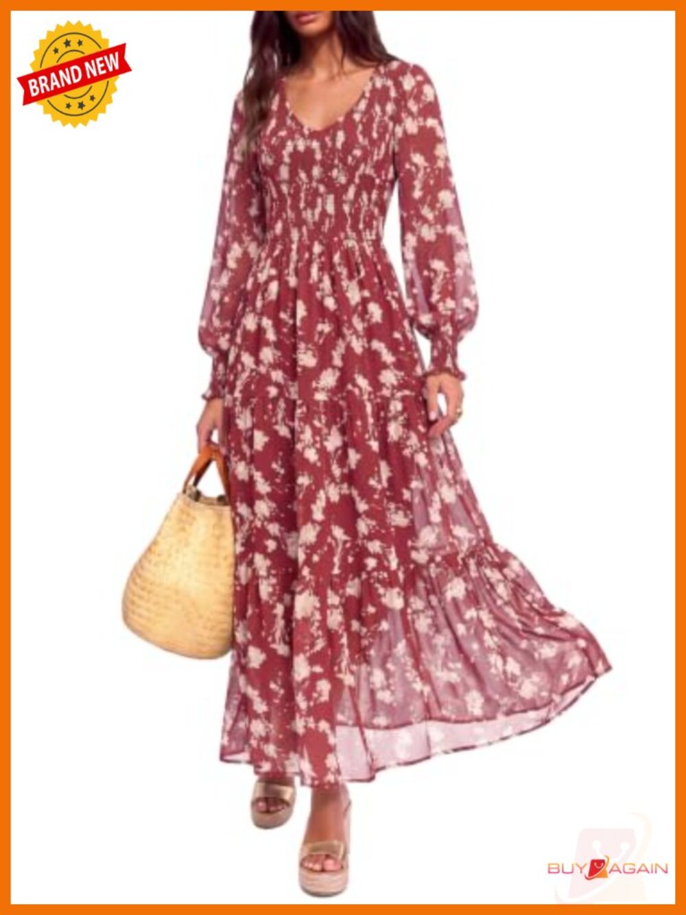 Womens Floral Maxi Dress Long Sleeve Smocked V-Neck A-Line Boho Tiered